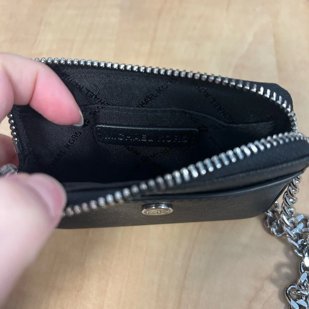 Michael Kors Black Saffiano Leather Zip Wristlet with Chain Strap - Picture 4 of 5